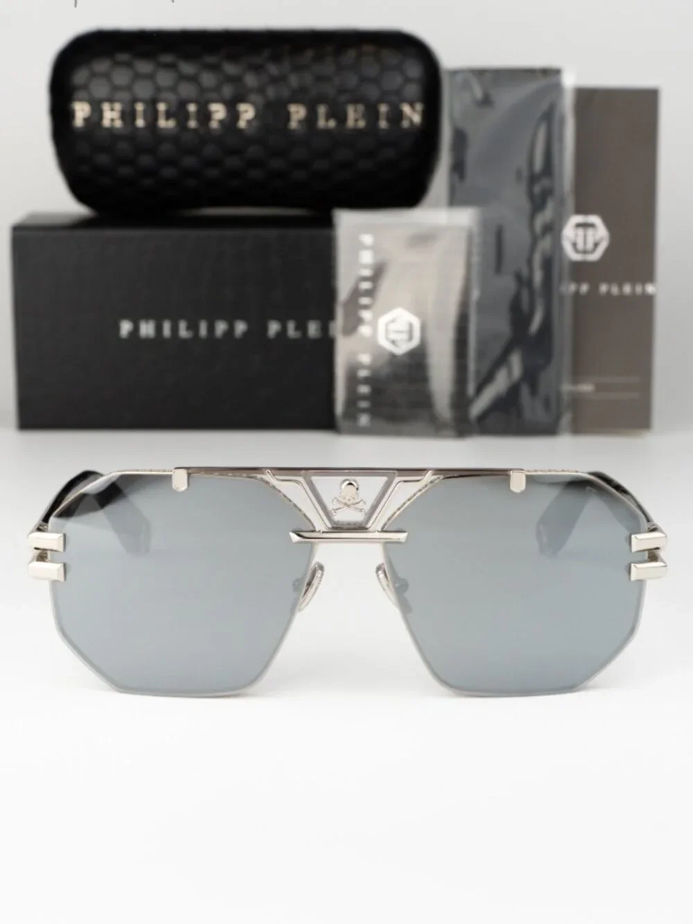 Philipp Plein Men Sunglasses Palladium Grey Silver Mirror Pilot SPP077V 523X NEW